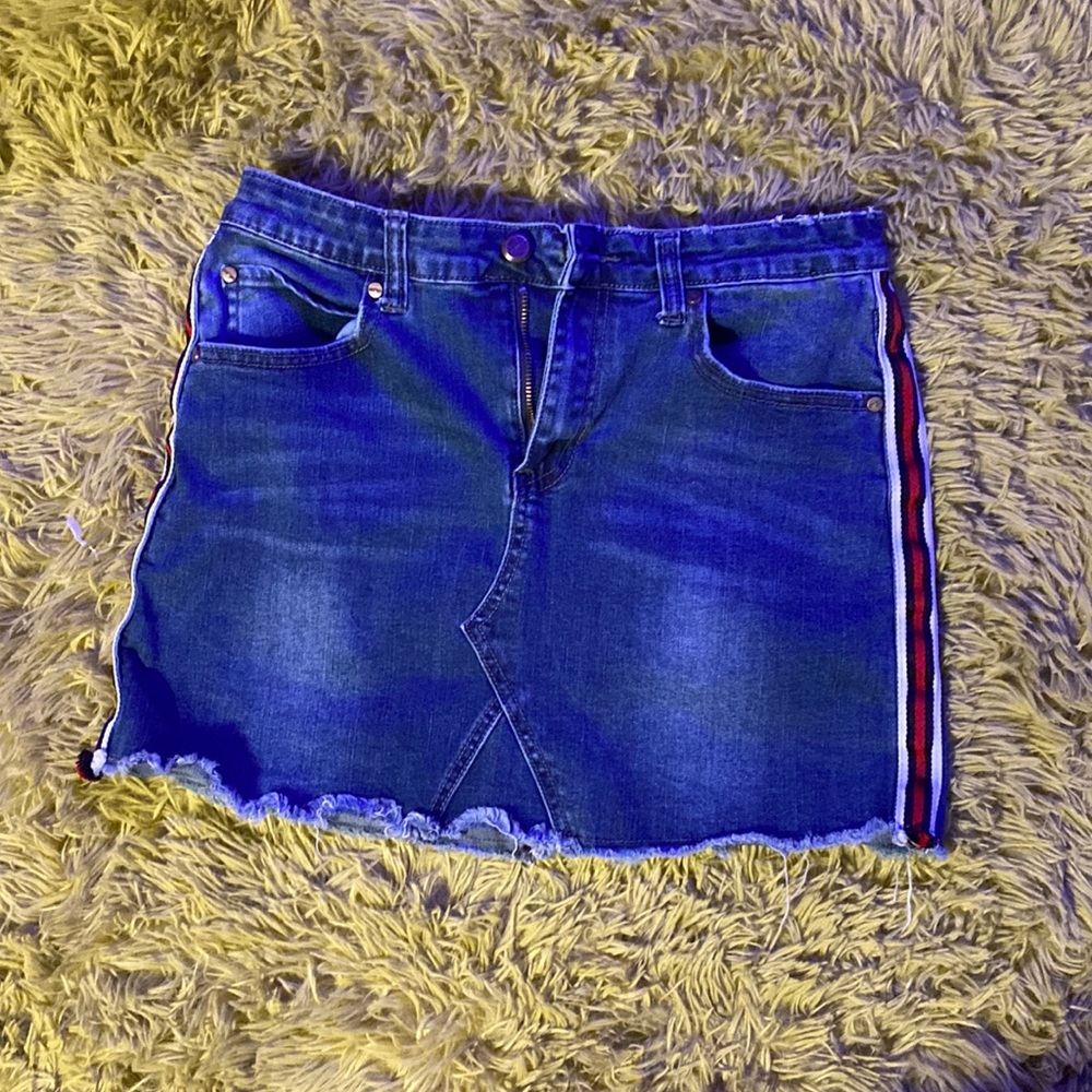 Blue denim side striped mini skirt